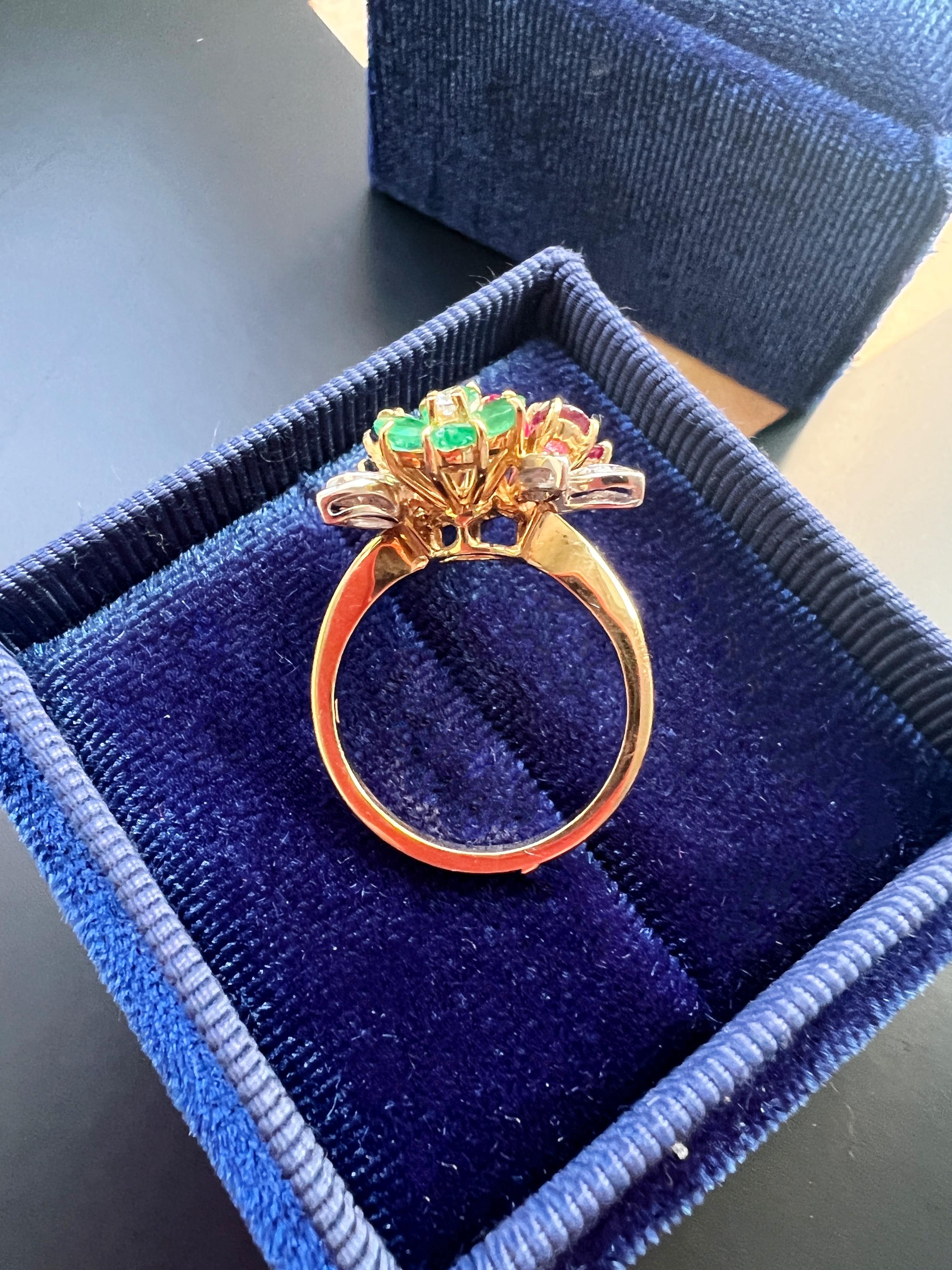 Women's Vintage Tutti Frutti Style 18k Gold Diamond Blue Sapphire Ruby and Emerald Flowe