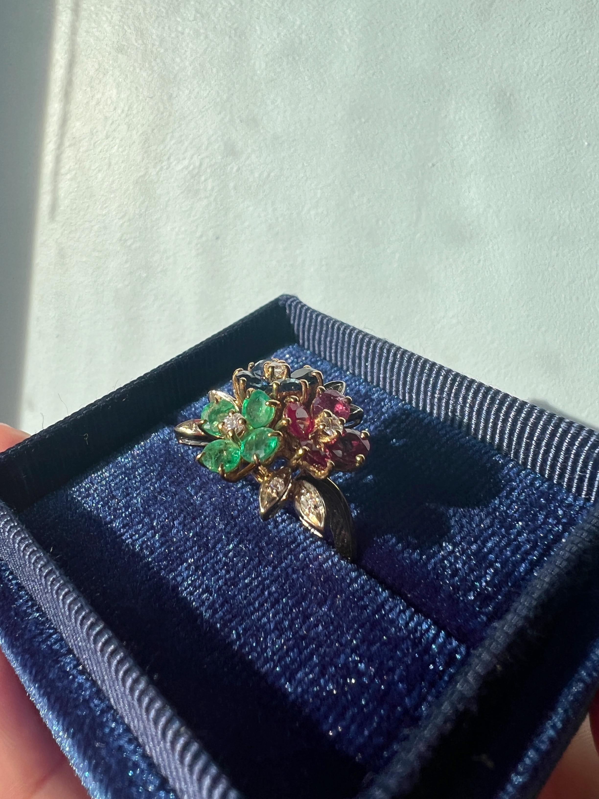 Vintage Tutti Frutti Style 18k Gold Diamond Blue Sapphire Ruby and Emerald Flowe 1
