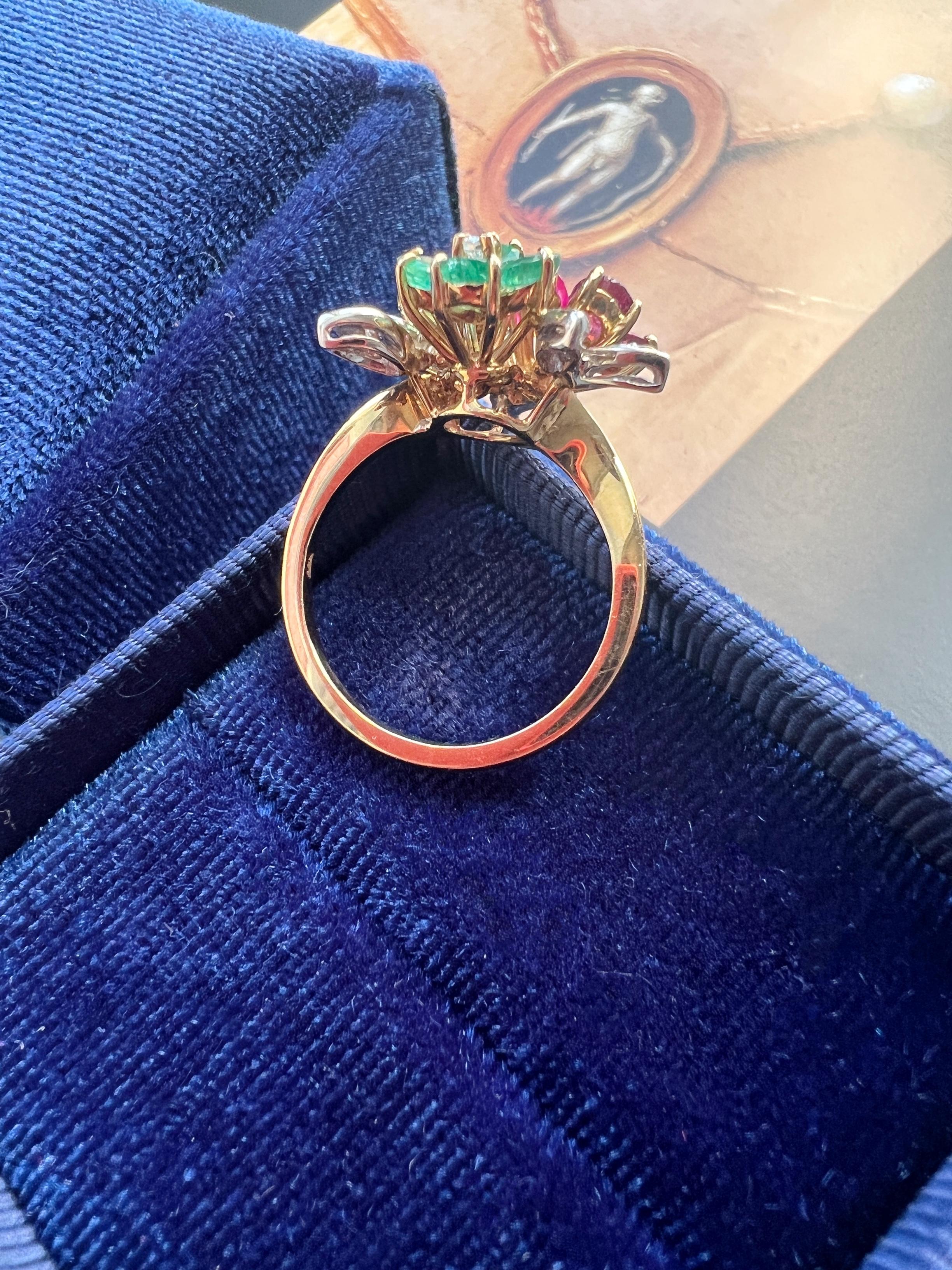 Vintage Tutti Frutti Style 18k Gold Diamond Blue Sapphire Ruby and Emerald Flowe 2