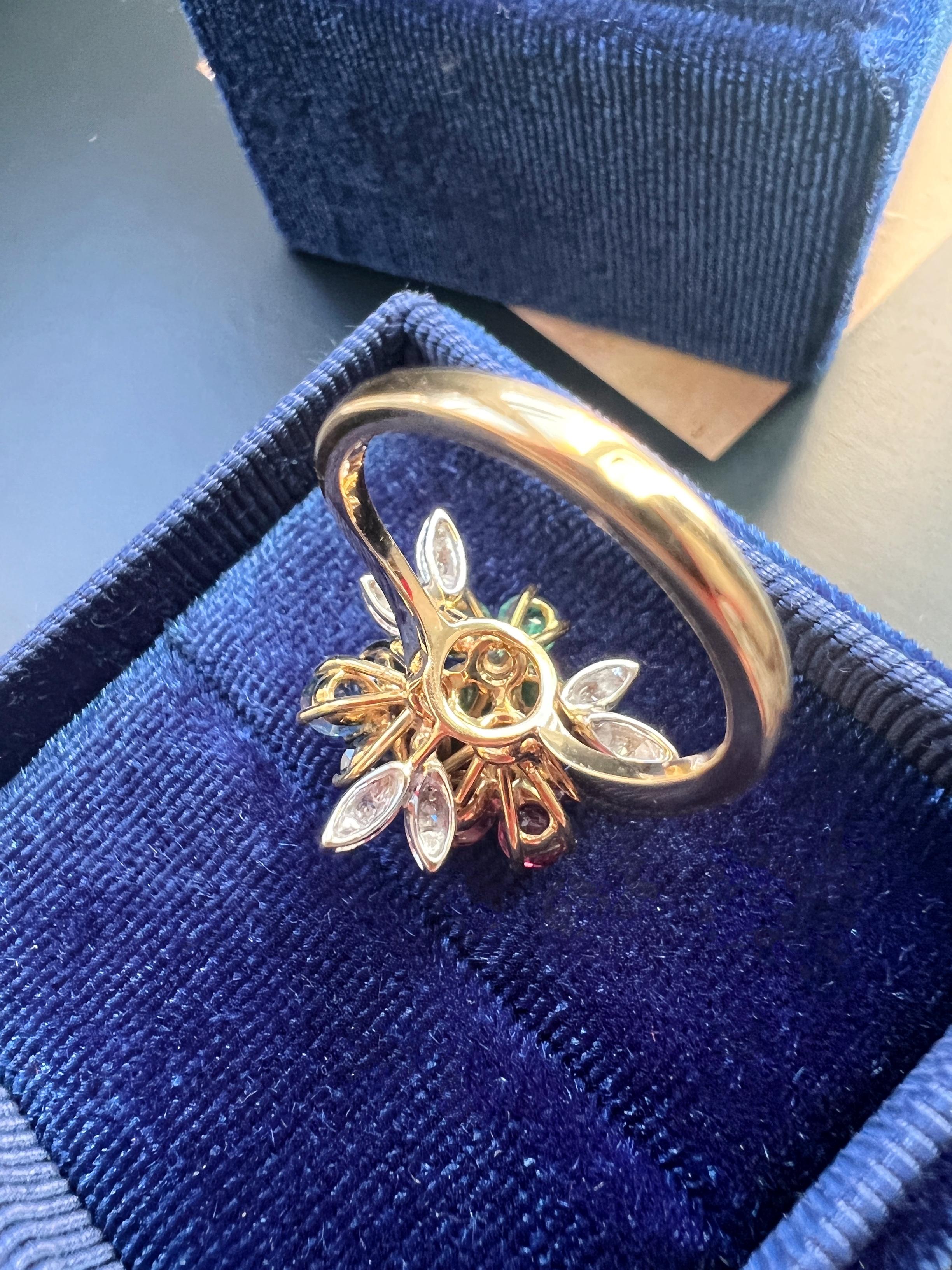 Vintage Tutti Frutti Style 18k Gold Diamond Blue Sapphire Ruby and Emerald Flowe 3