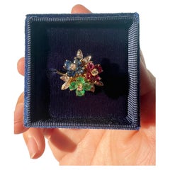 Vintage Tutti Frutti Style 18k Gold Diamond Blue Sapphire Ruby and Emerald Flowe