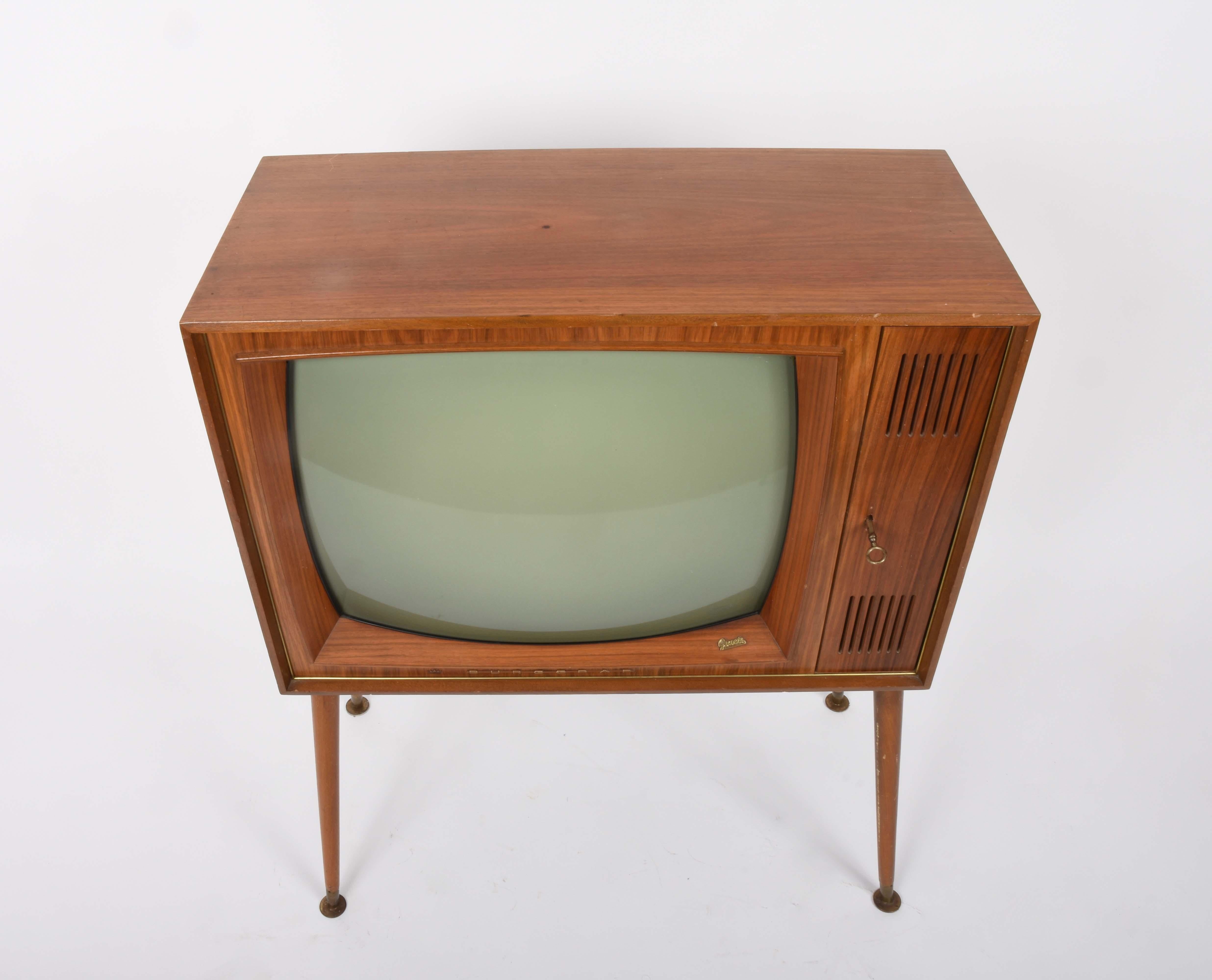 German Vintage Tv Graetz Burggraf, 1960s Wooden Floor Television, Midcentury