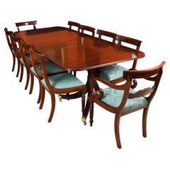 Vintage Twin Pillar Dining Table & 10 Dining Chairs 20th C