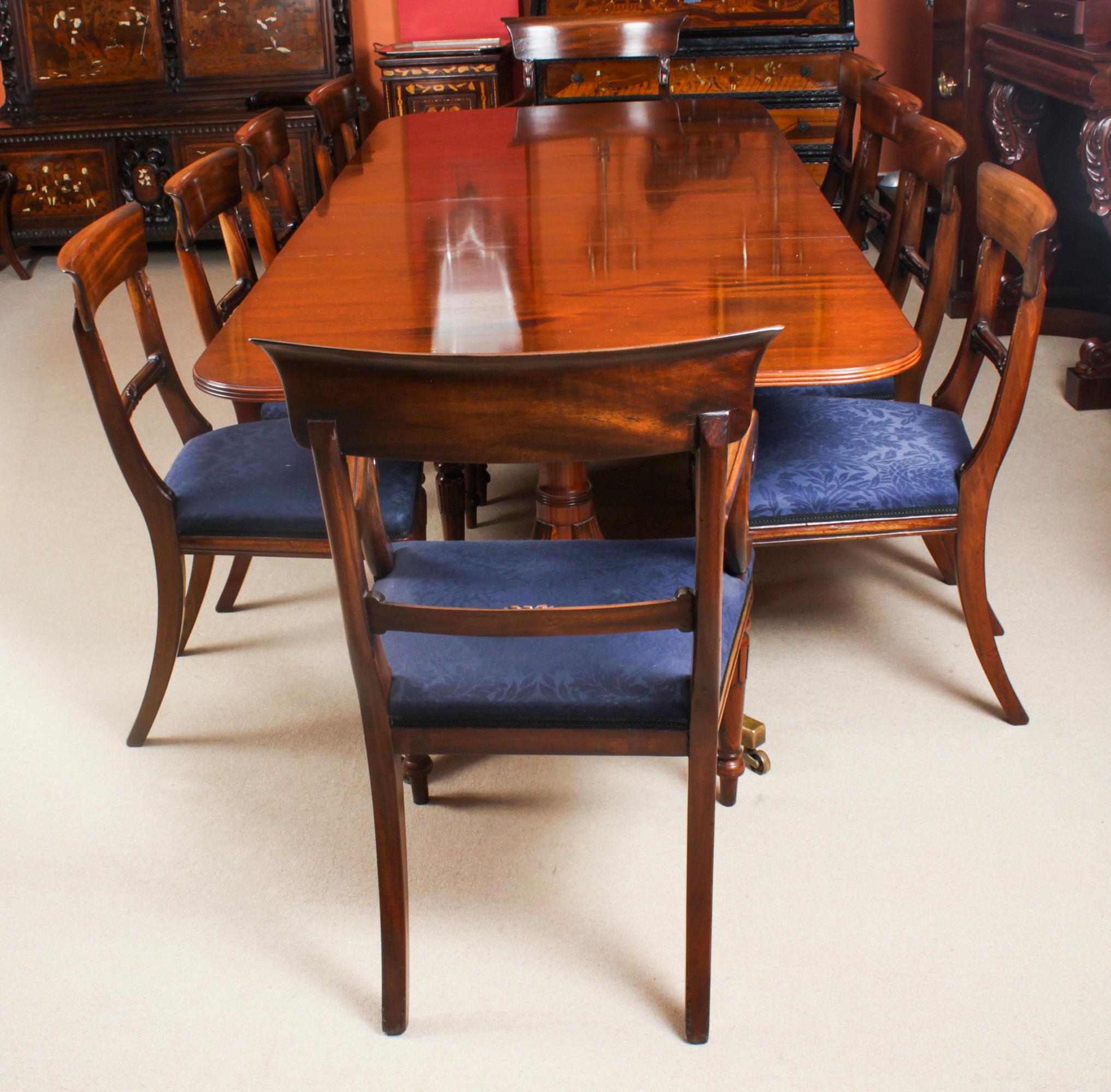 Regency Revival Vintage Twin Pillar Dining Table & 10 Dining Chairs by William Tillman 20th C