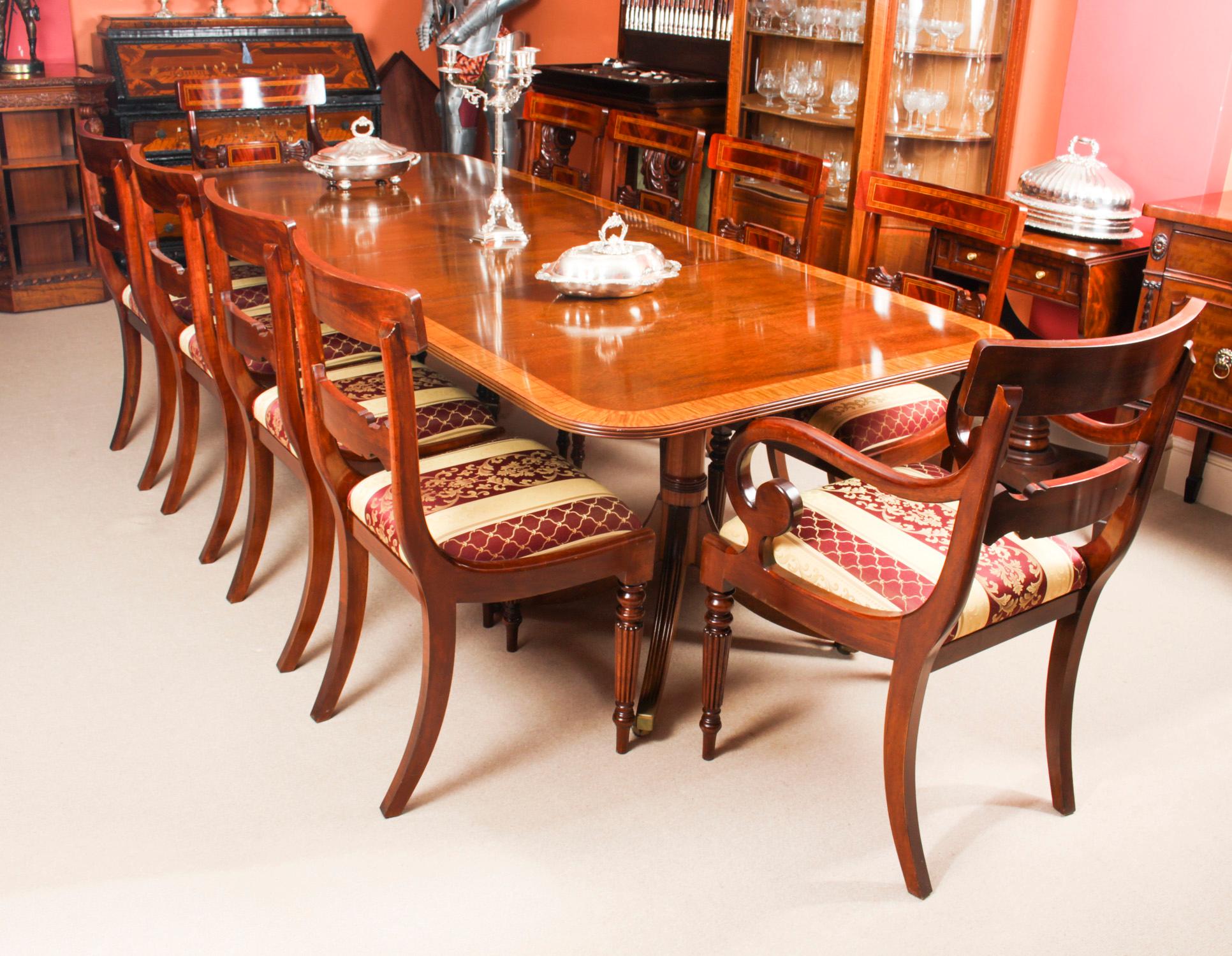 Regency Revival Vintage Twin Pillar Dining Table by William Tillman & 10 Dining Chairs 20th C