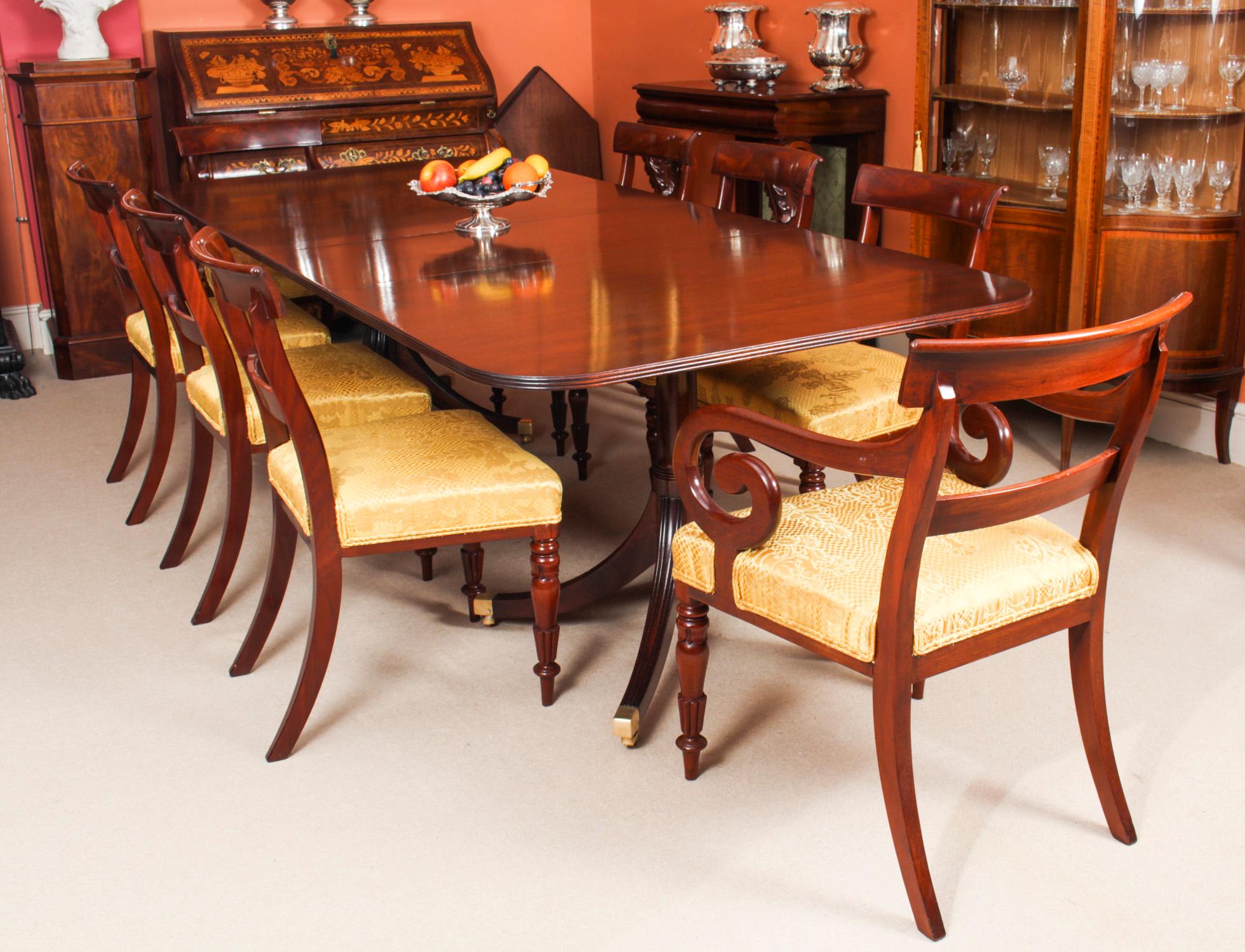 Regency Revival Vintage Twin Pillar Dining Table by William Tillman 20C & 8 Chairs 19th C