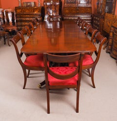 Vintage Twin Pillar Flame Mahogany Dining Table & 12 Chairs 20th Century