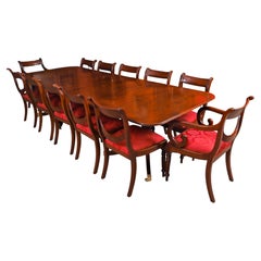 Vintage Twin Pillar Flame Mahogany Dining Table & 12 Chairs 20th Century
