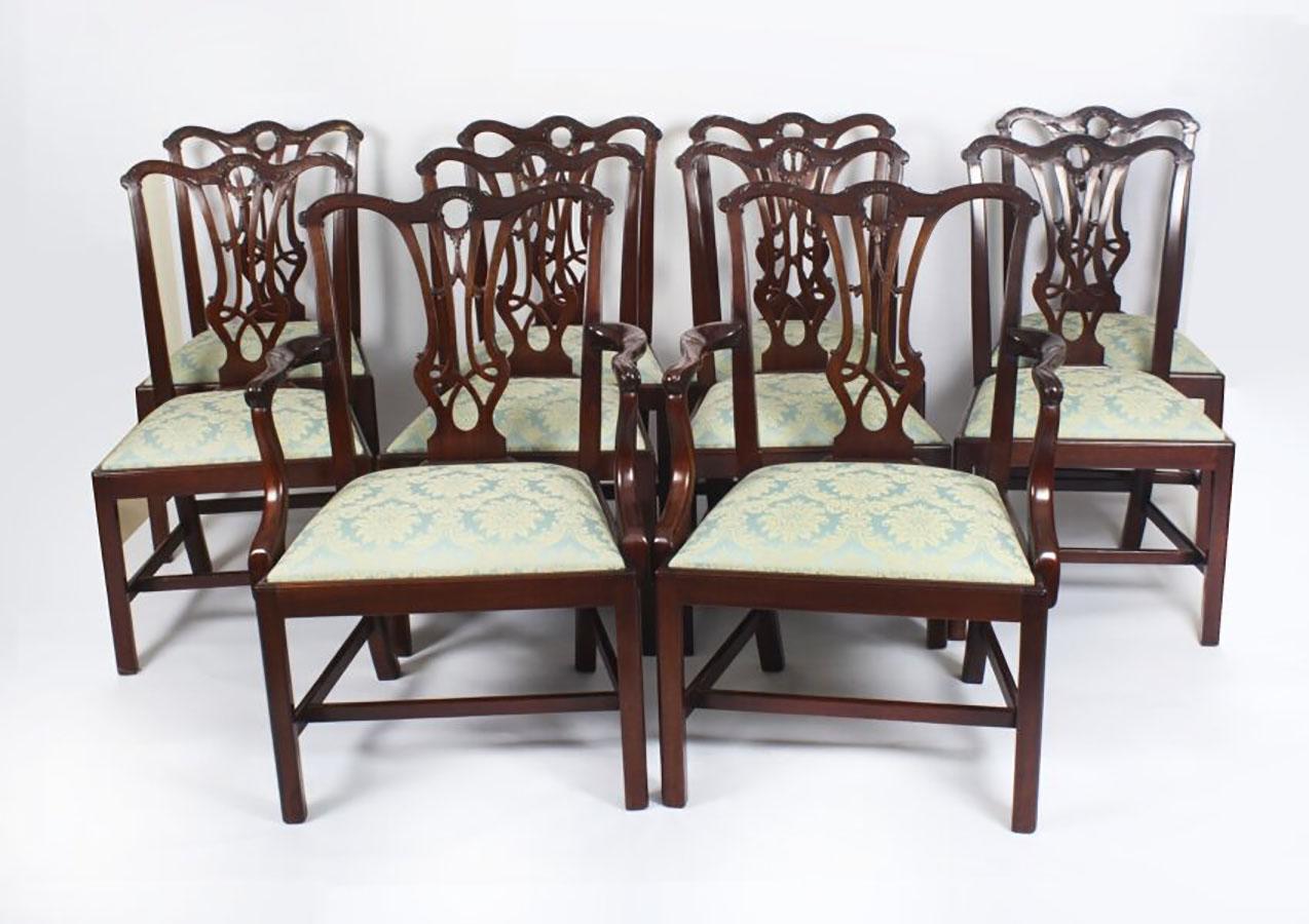 Vintage Twin Pillar Mahogany Dining Table & 10 Chippendale Dining Chairs 20th C 8