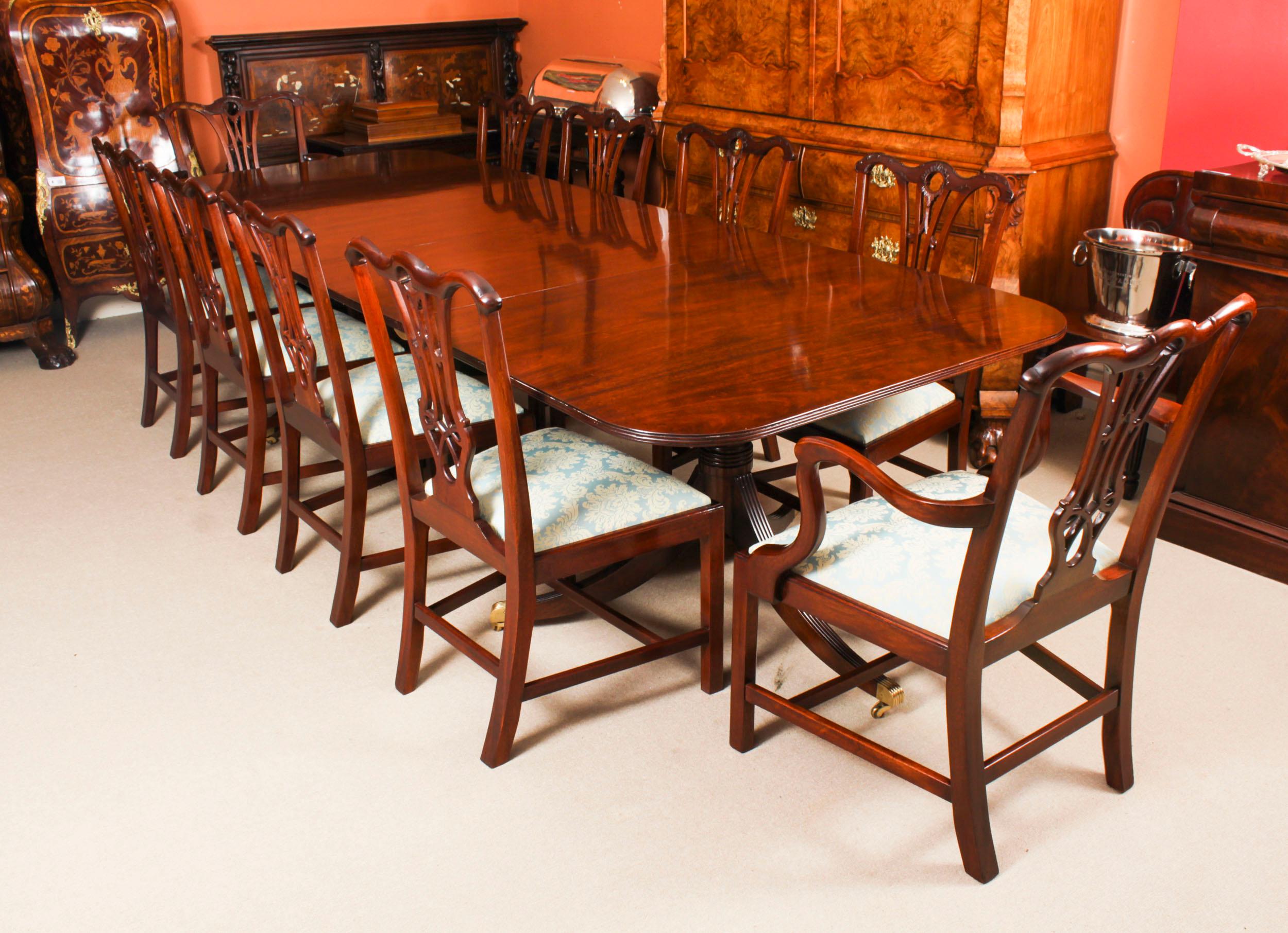 Vintage Twin Pillar Mahogany Dining Table & 10 Chippendale Dining Chairs 20th C 16