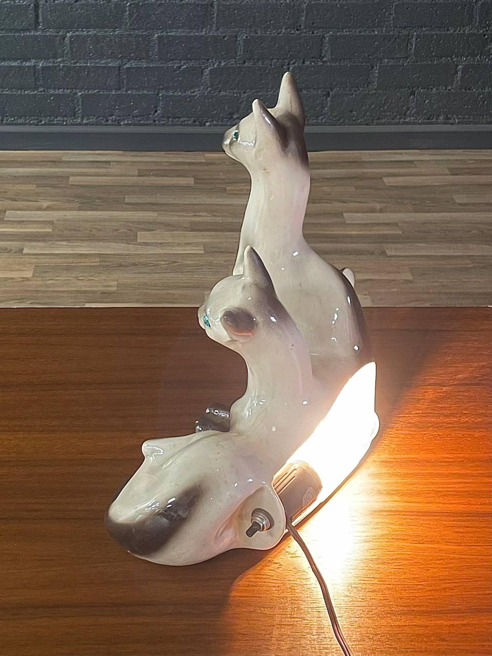 Mid-20th Century Vintage Twin Siamese Cat Porcelain Lamp by Lane & Co