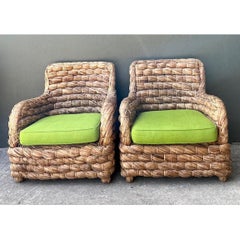 Vintage Twisted Rattan Lounge Chairs After Ralph Lauren - A Pair