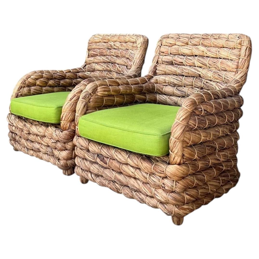 Vintage Twisted Rattan Lounge Chairs After Ralph Lauren - A Pair