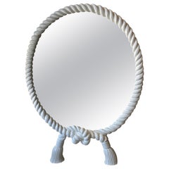 Vintage Twisted Round Rope & Tassel White Lacquered Wall Mirror