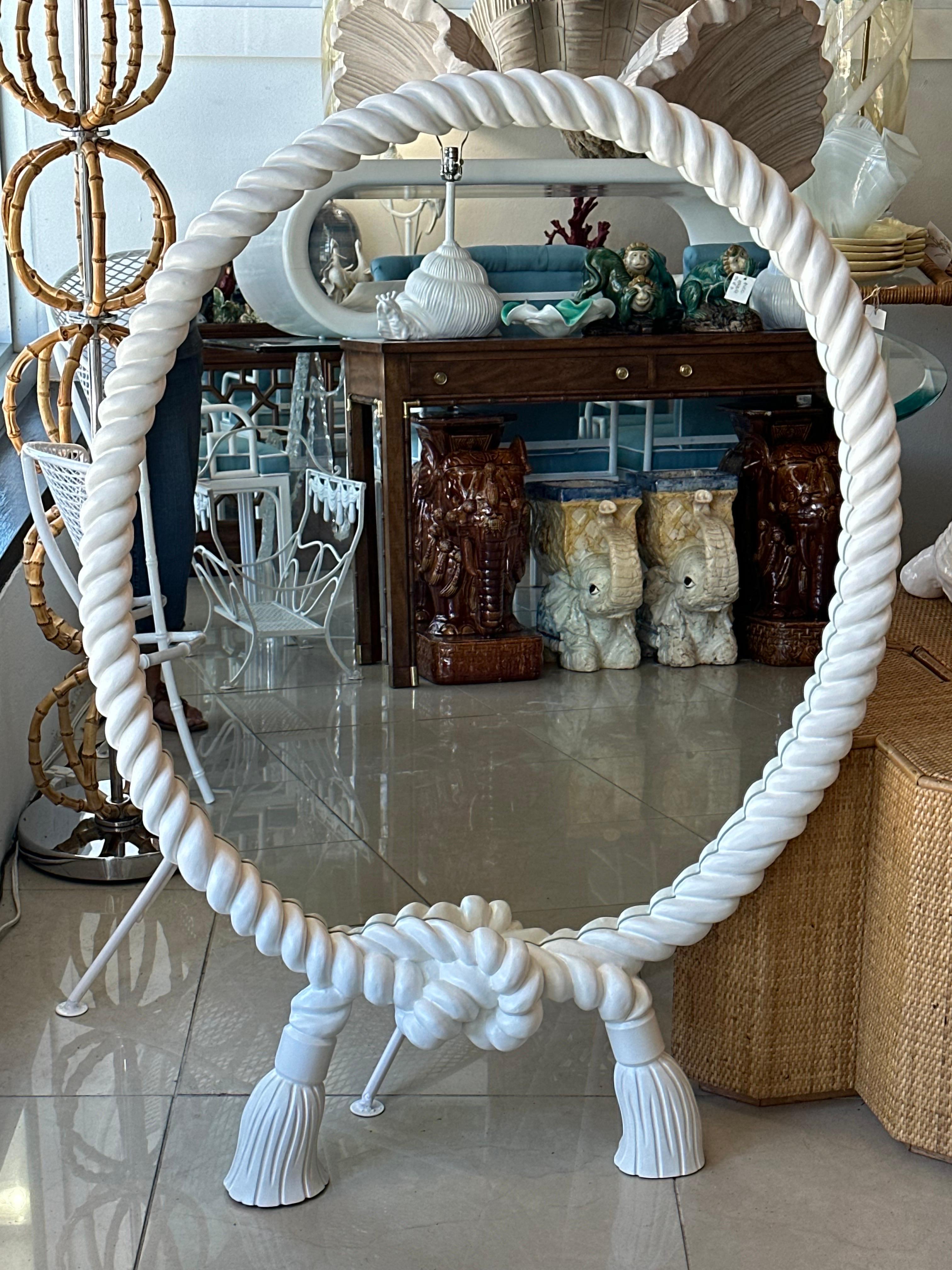 Vintage Twisted Round Rope & Tassel White Lacquered Wall Mirror Pair Available  For Sale 3