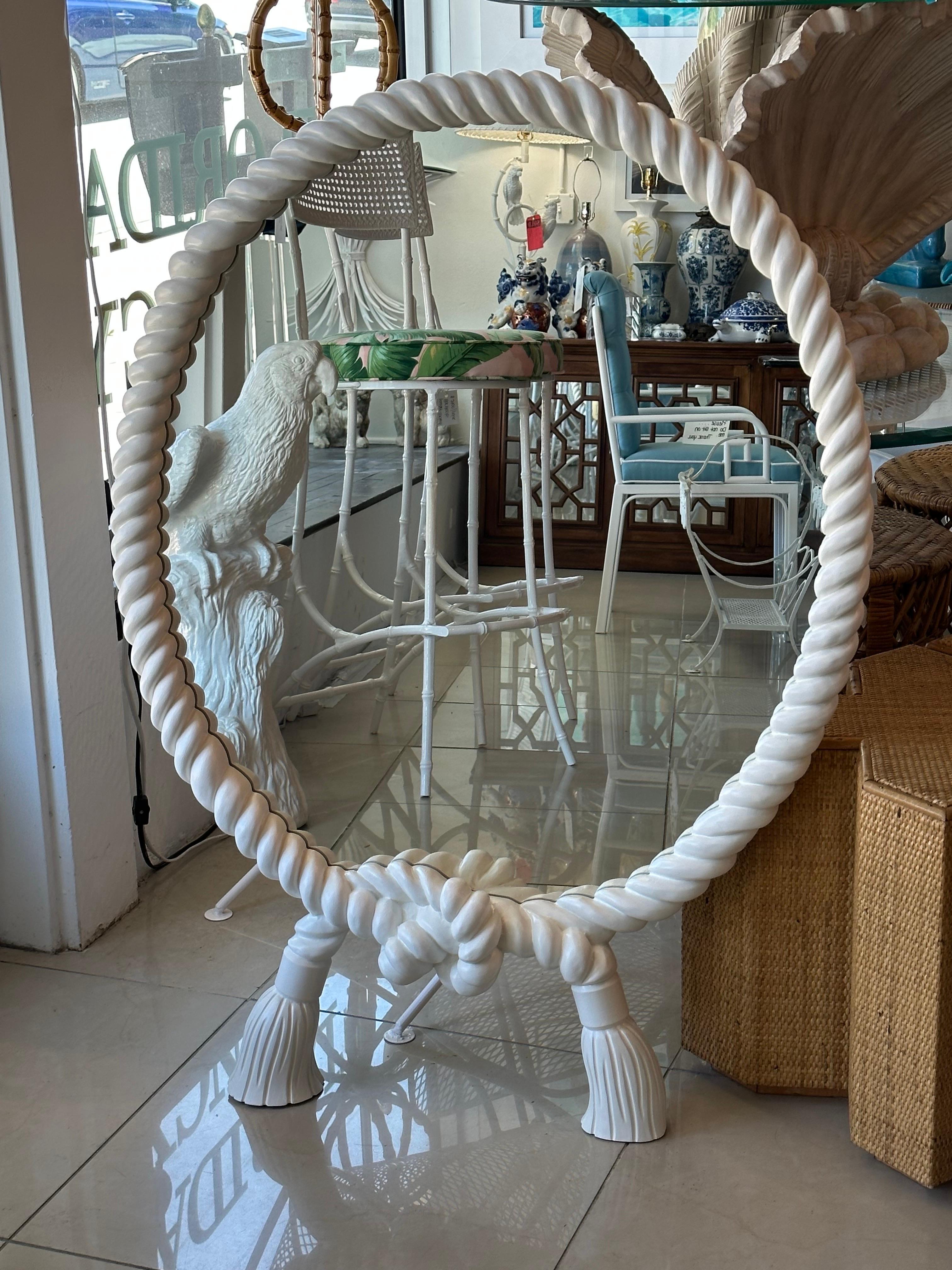 Vintage Twisted Round Rope & Tassel White Lacquered Wall Mirror Pair Available  For Sale 5