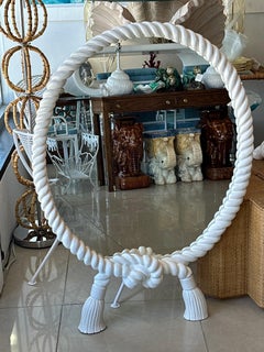 Vintage Twisted Round Rope & Tassel White Lacquered Wall Mirror Pair Available