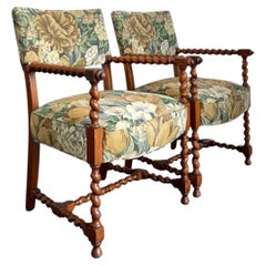 Vintage Twisted Wood Dorothy Draper Upholstered Barley Twist Armchairs