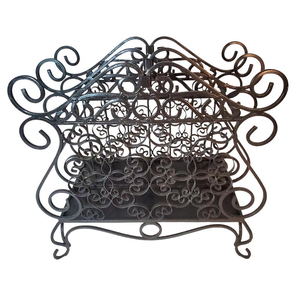 Vintage Twisted Wrought Iron Magazine Rack For Sale