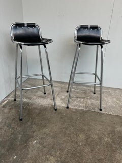 Vintage two Black Leather Stools Selected by Charlotte Perriand for Les Arcs