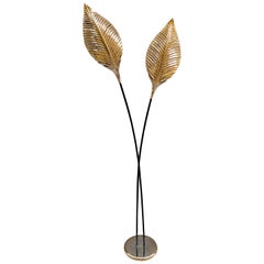 Vintage Two Brass Leaves Floor Lamp Black Lacquered Metal Body, 1970s