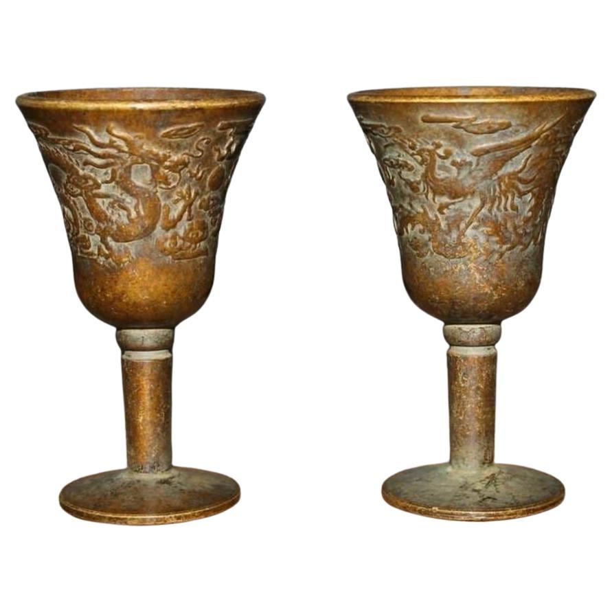 Vintage Two Bronze Dragon Phoenix High Heeled Cups  For Sale