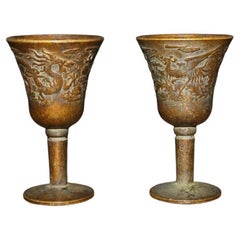 Antique Two Bronze Dragon Phoenix High Heeled Cups 