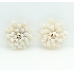 Vintage Two Brooches Mother of Pearl Diamond Flower 14k Yellow Gold