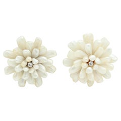 Vintage Two Brooches Mother of Pearl Diamond Flower 14k Yellow Gold