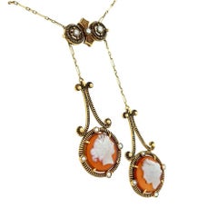 Vintage Two Carved Shell Cameos and Seed Pearl Gold Lavaliere Statement Necklace
