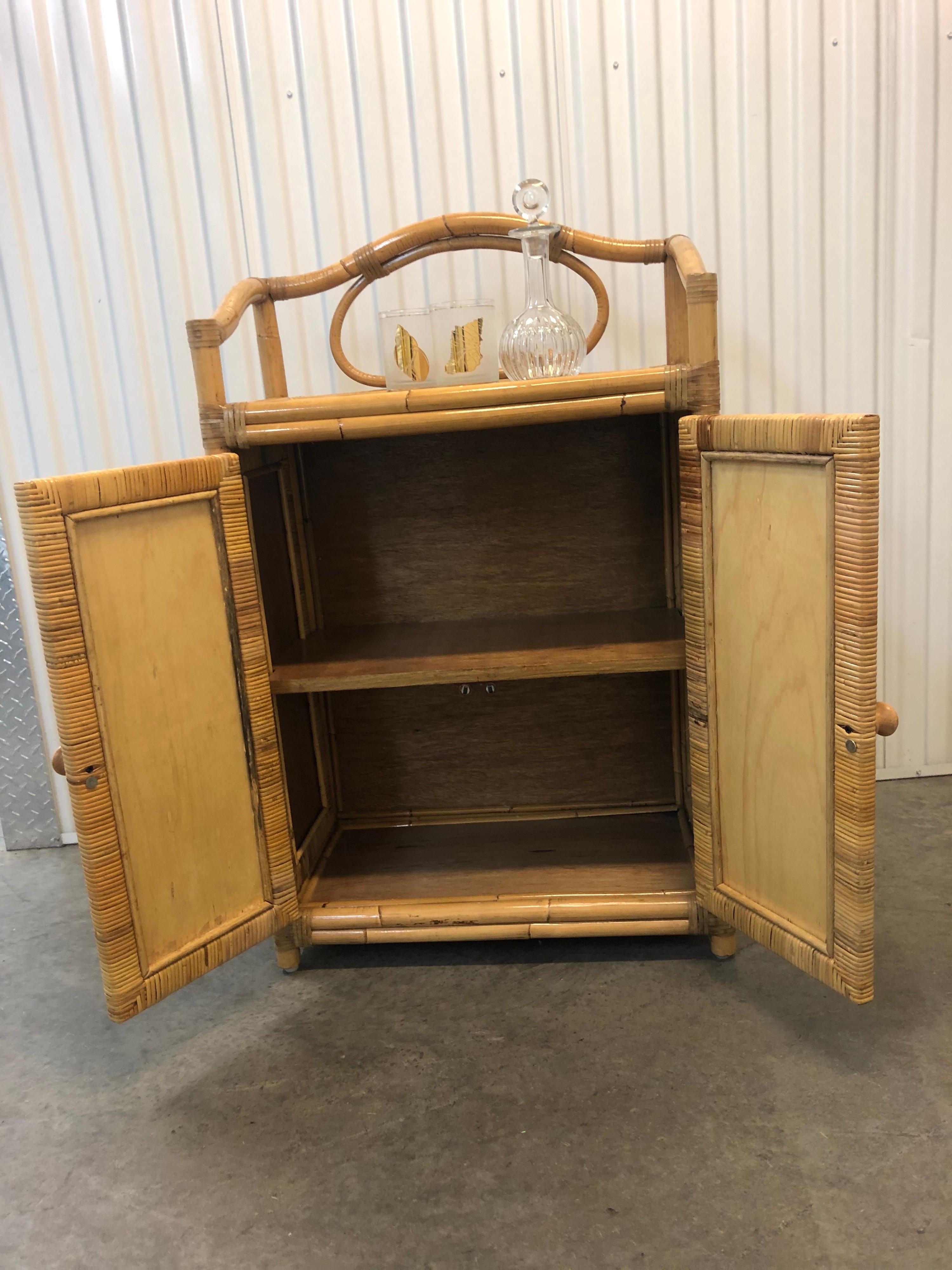 Late 20th Century Vintage Two-Door Bamboo and Rattan Bar Cabinet