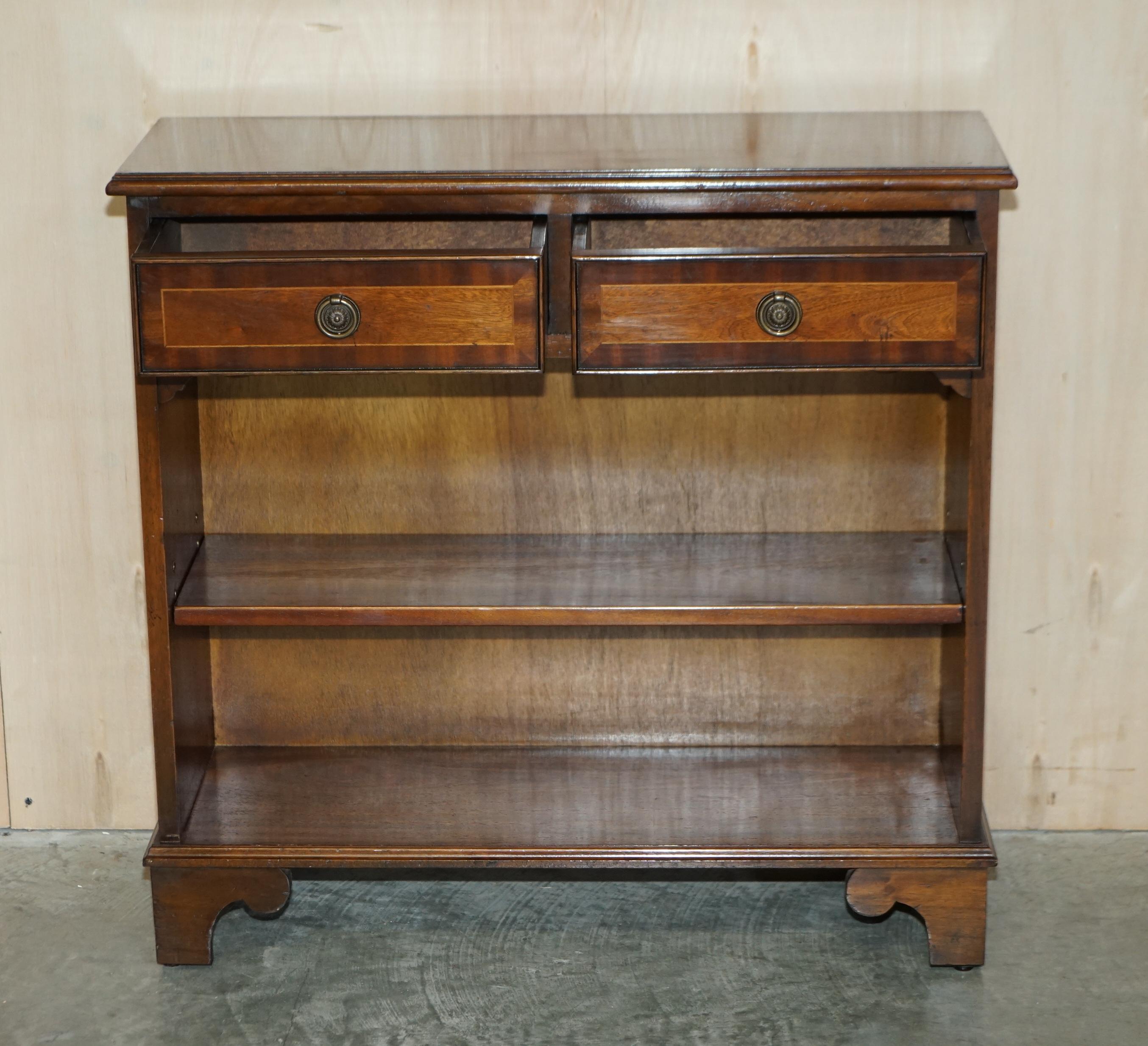 Vintage Two Drawer Bevan Funnell Flamed Hardwood Dwarf Open Library Bookcase For Sale 10