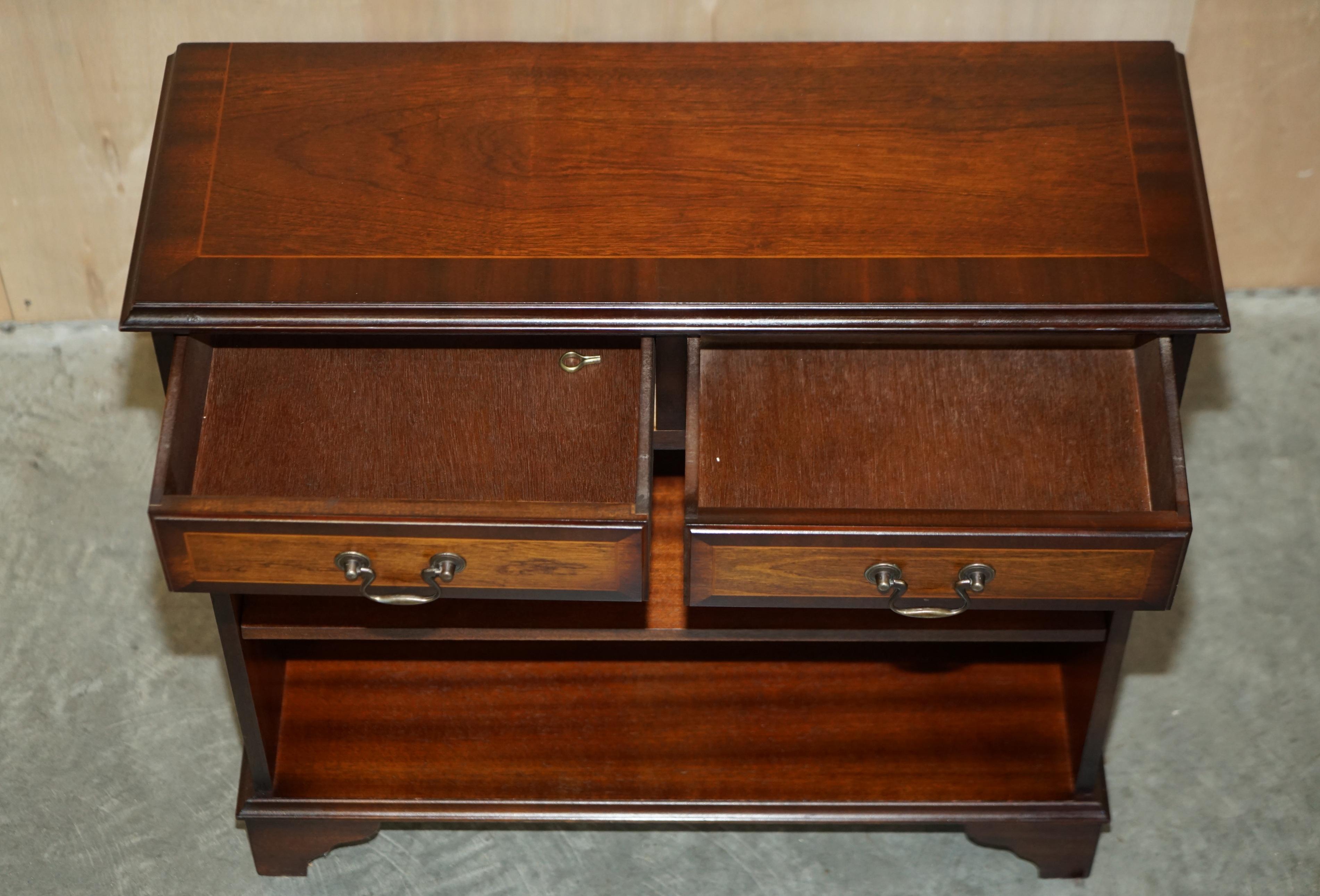 Vintage Two Drawer Made in England Flamed Hardwood Dwarf Open Library Bookcase 5