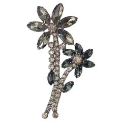 Vintage Two Flower Crystal Pin Brooch in Smoky Gray and Green, Silver-Tone