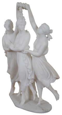 Vintage Two Graces Crowning Venus Alabaster White Marble Sculpture Statue