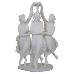 Vintage Two Graces Crowning Venus Alabaster White Marble Sculpture Statue