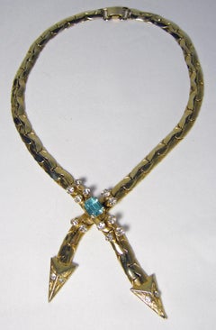 Vintage Two-Headed Snake Necklace With a Faux Aquamarine Crystal