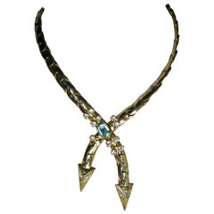 Vintage Two-Headed Snake Necklace With a Faux Aquamarine Crystal