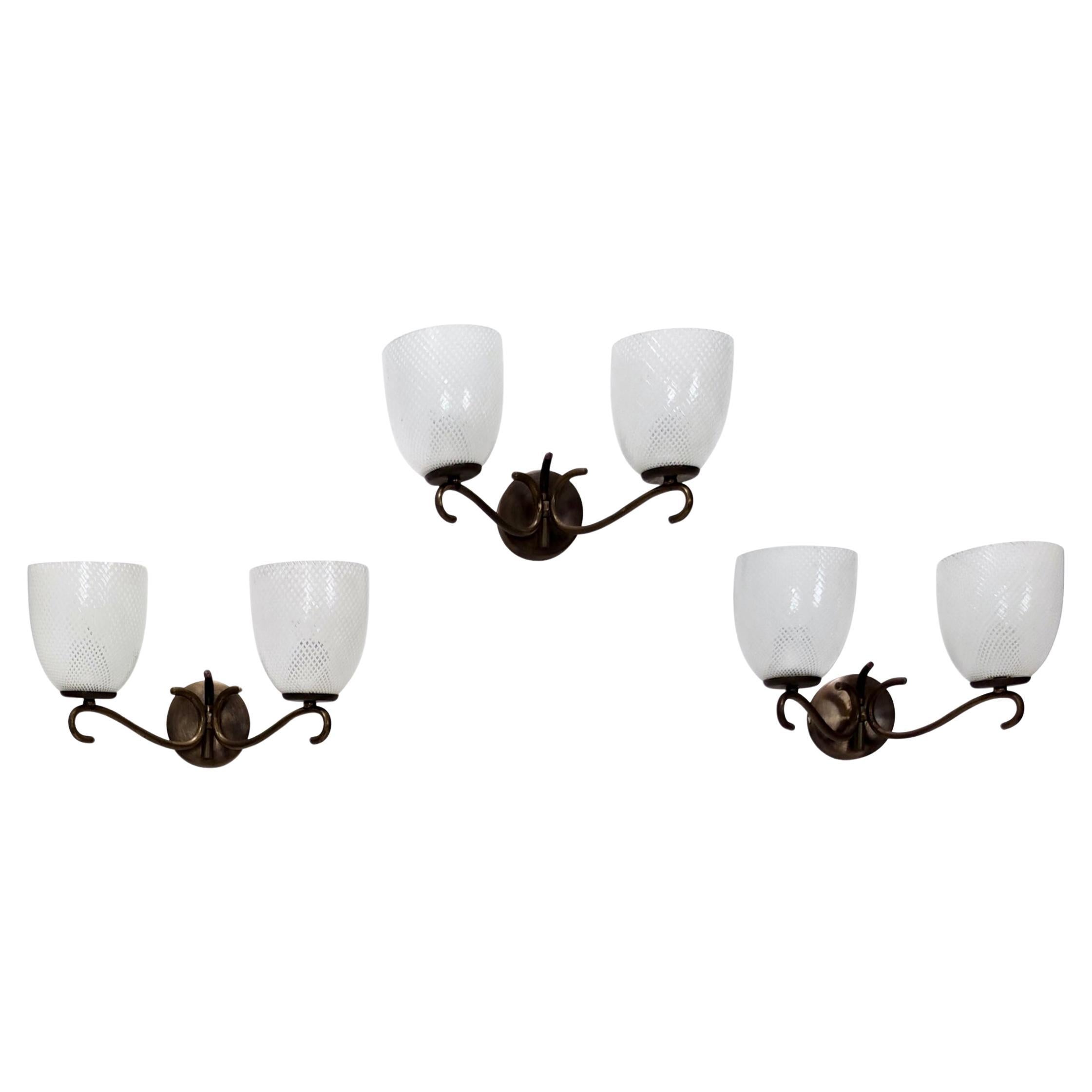 Vintage Two-Light Murano Glass and Brass Appliqué by Venini, Italy