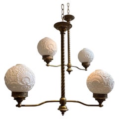 Vintage Two Light Victorian Style Brass Pendant with Glass Globes Light Fixture