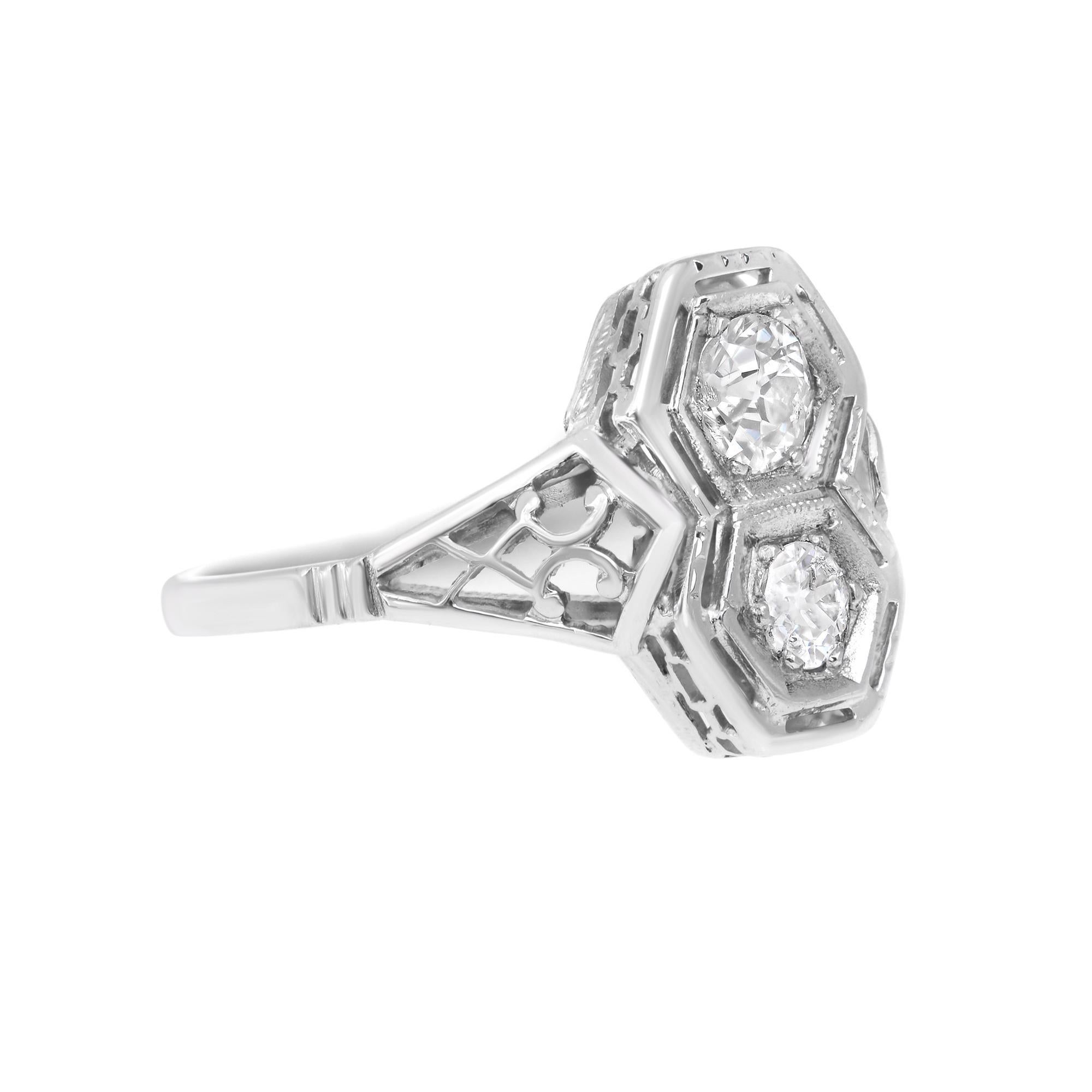Art Deco Vintage Two Natural Diamonds Ring 14k White Gold 0.40cts For Sale