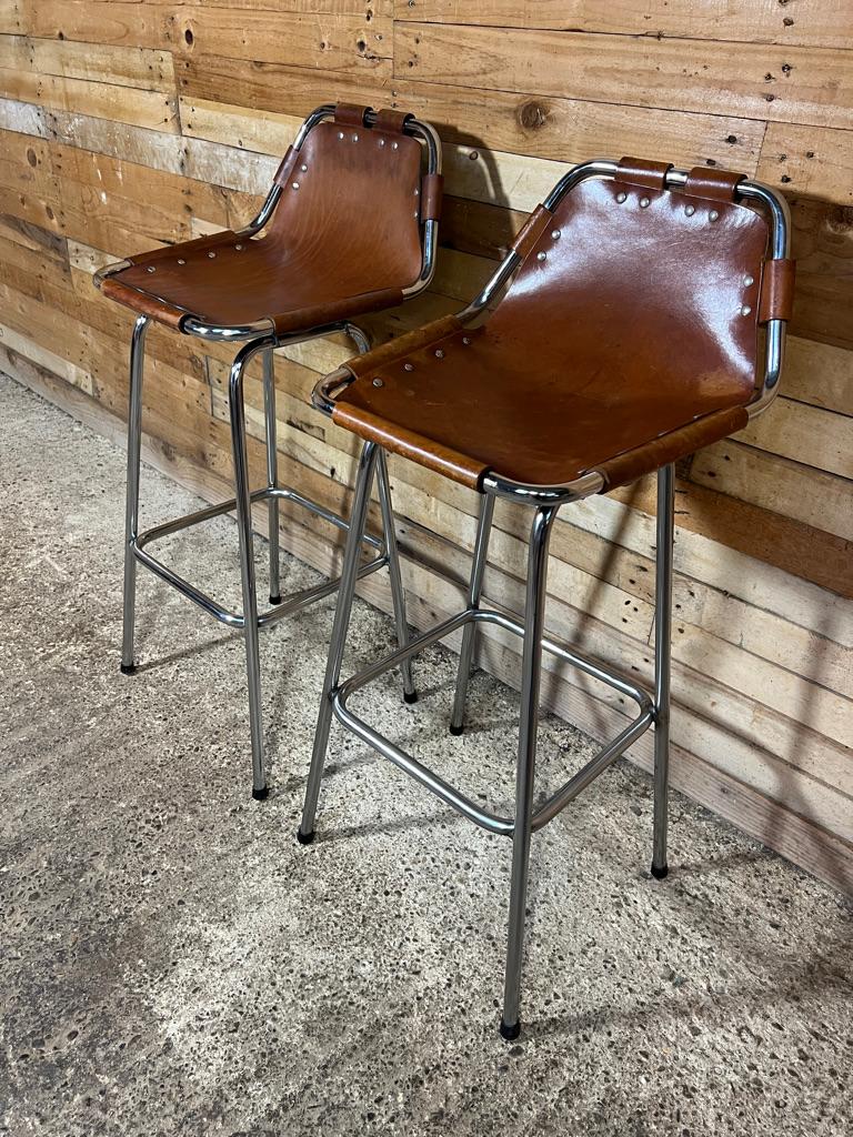 Mid-Century Modern  Vintage Two Original Leather Selected by Charlotte Perriand Stools for Les Arcs For Sale