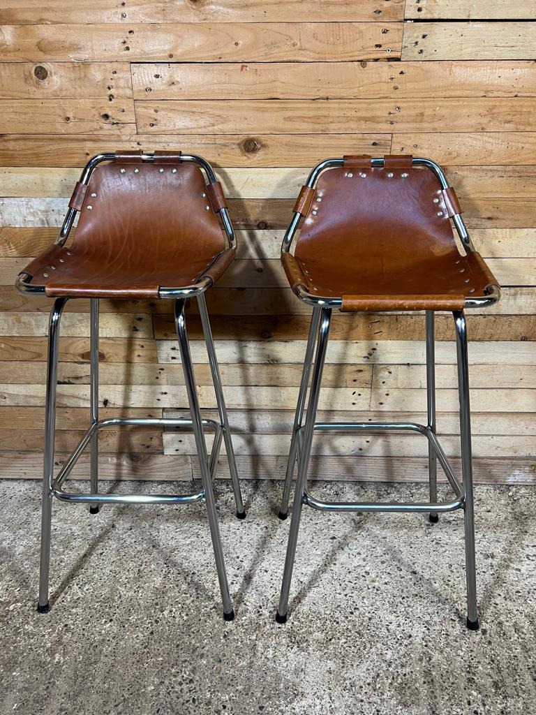 French  Vintage Two Original Leather Selected by Charlotte Perriand Stools for Les Arcs For Sale