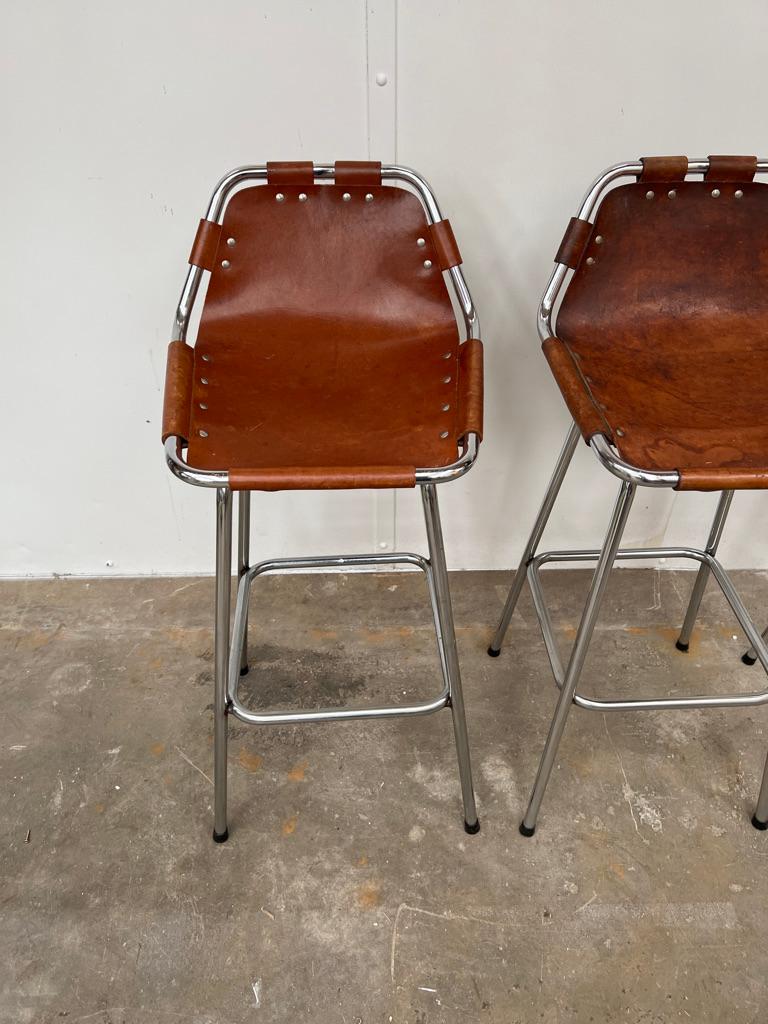Vintage 3x Original Leather selected by Charlotte Perriand Stools for Les Arcs In Good Condition In Markington, GB