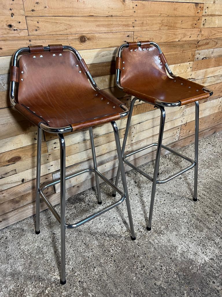  Vintage Two Original Leather Selected by Charlotte Perriand Stools for Les Arcs In Good Condition For Sale In Markington, GB