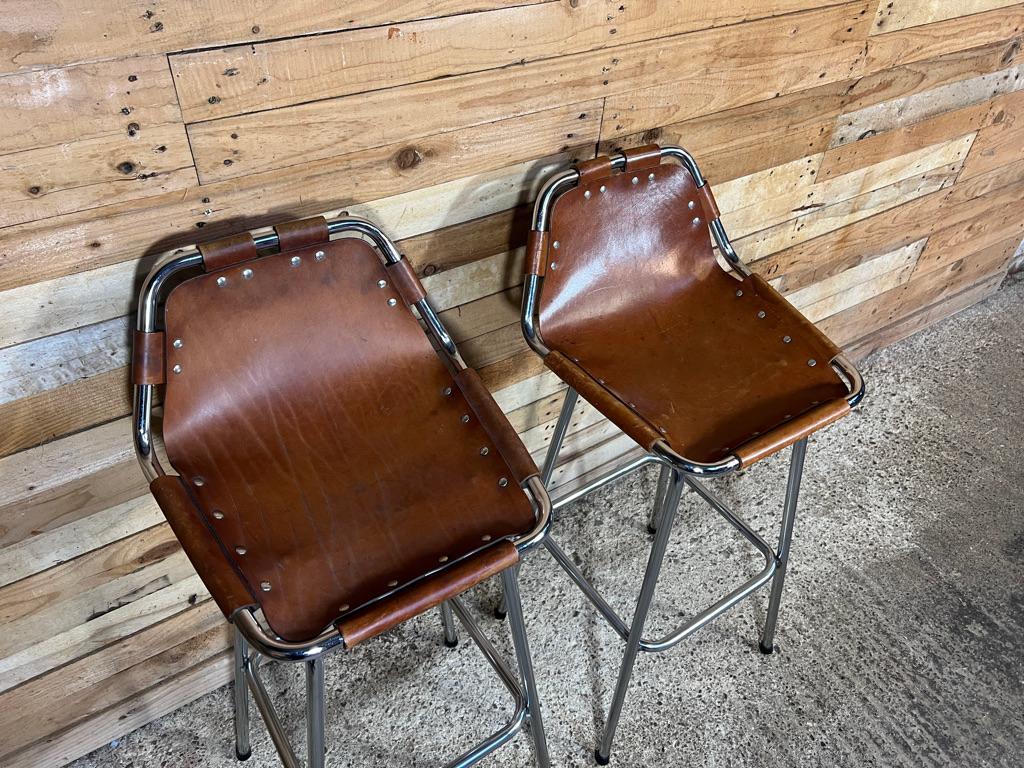 20th Century  Vintage Two Original Leather Selected by Charlotte Perriand Stools for Les Arcs For Sale