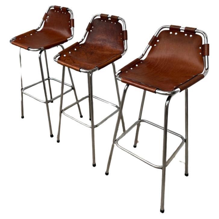 Vintage 3x Original Leather selected by Charlotte Perriand Stools for Les Arcs