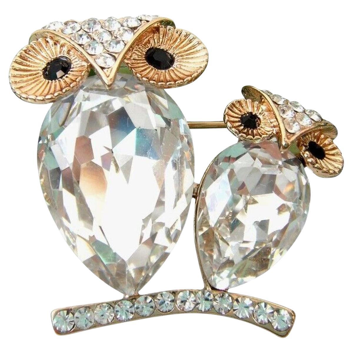 Vintage Two Owl Sparkling Crystal Bird Statement Brooch Pin For Sale