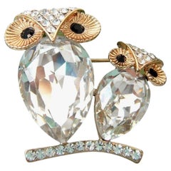 Vintage Two Owl Sparkling Crystal Bird Statement Brooch Pin