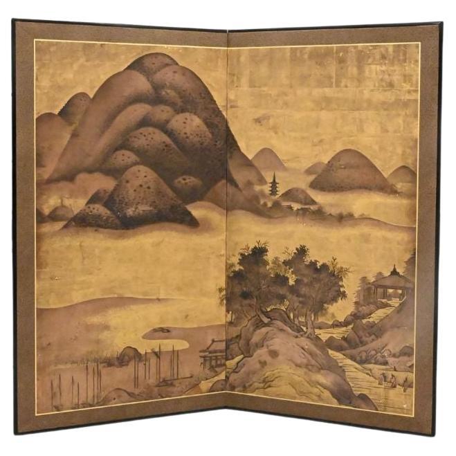 Vintage Two Panel Asian Screen Landscape Scene For Sale